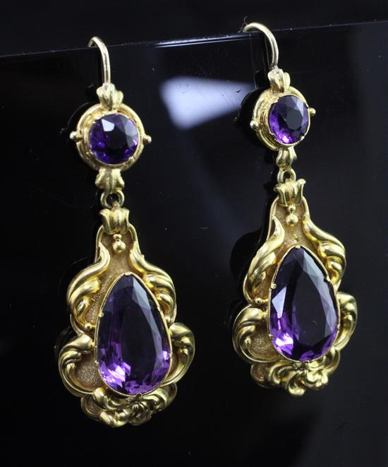 A pair of Victorian gold and amethyst drop earrings, overall 2in.